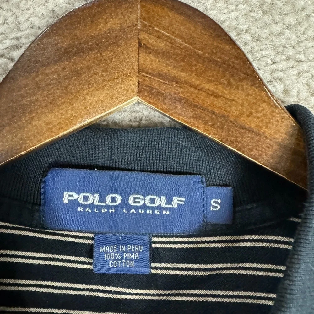 Polo Ralph Lauren Golf Shirt Mens Size Small Black/Tan Striped Pima Cotton Rugby